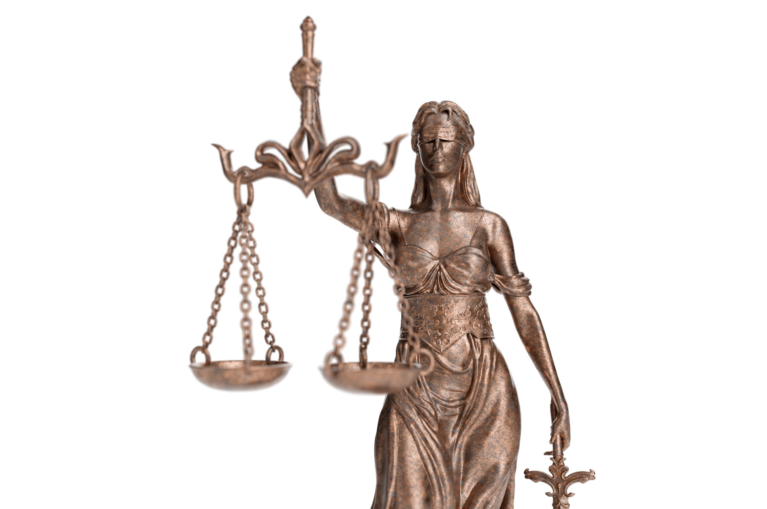 Bronze statue of justice on a white background